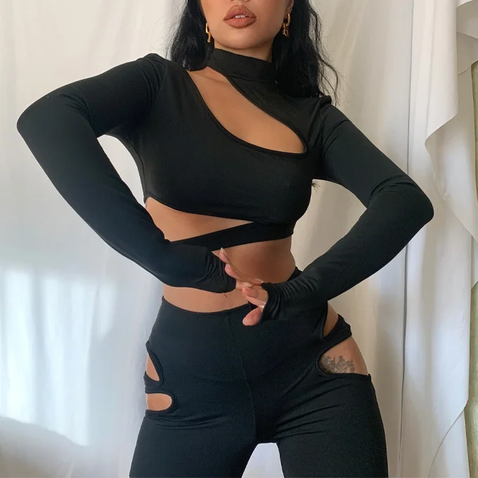 New Arrivals Designer Clothing Hollow Luxury Solid Color Clothes Long Sleeve Knitted Outfits 2 Two Piece Sets For Women