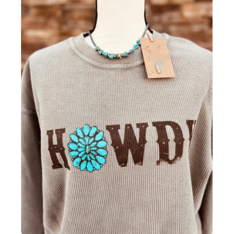 Custom Print Oversized Cowgirl Corded Sweatshirt Graphic Textured Sweatshirt Howdy Corded Crewneck Sweatshirt
