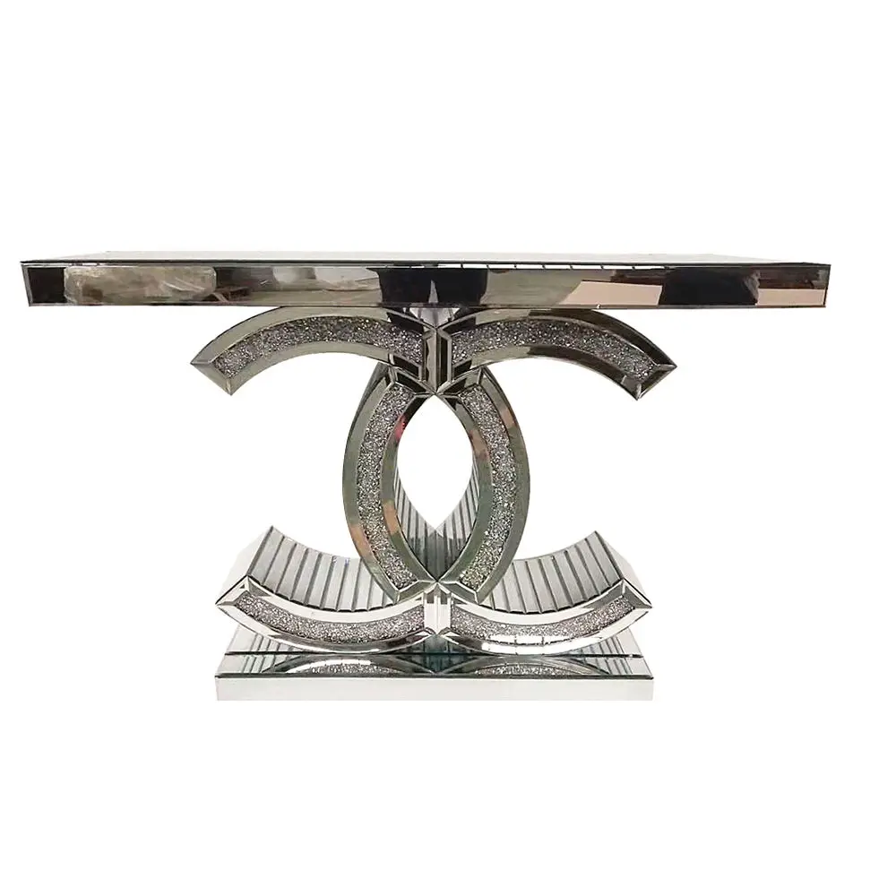 High Quality double c shape mirrored crushed crystal living room furniture curved Side Silver glass console entryway tables