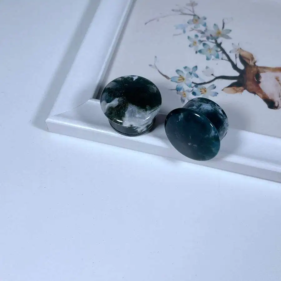 Wholesale Best Quality Beautiful natural stone moss agate single flare plug with groove Body Jewelry Ear Plugs Earplugs Piercing