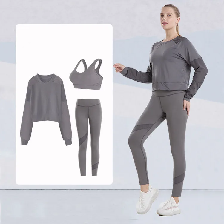 Новый спортивный костюм из трех предметов, облегающий спортивный бюстгальтер, сетчатый дышащий Топ с длинным рукавом, штаны для йоги, костюм для фитнеса