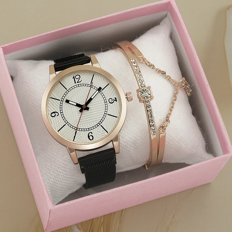 Роскошные 2 шт. комплект для женщин часы из розового золота браслет из сетчатого материала со стразами; Магнит кварцевые наручные часы женские цифры часы