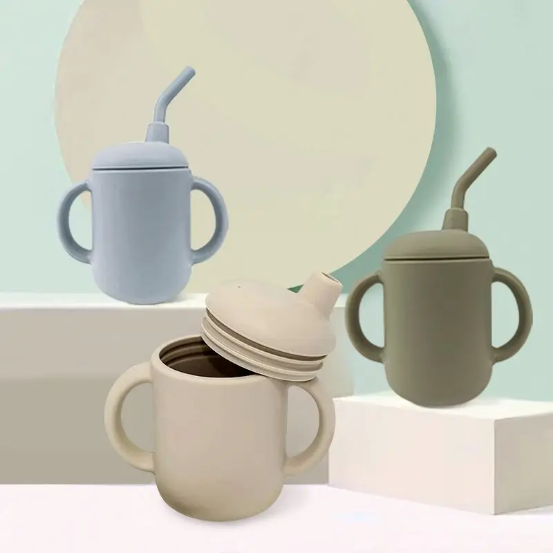 BPA Free Eco Friendly 360 Degrees No Spill Toddler Trainer Learner Cup Silicone Baby Sippy Cups With Straw