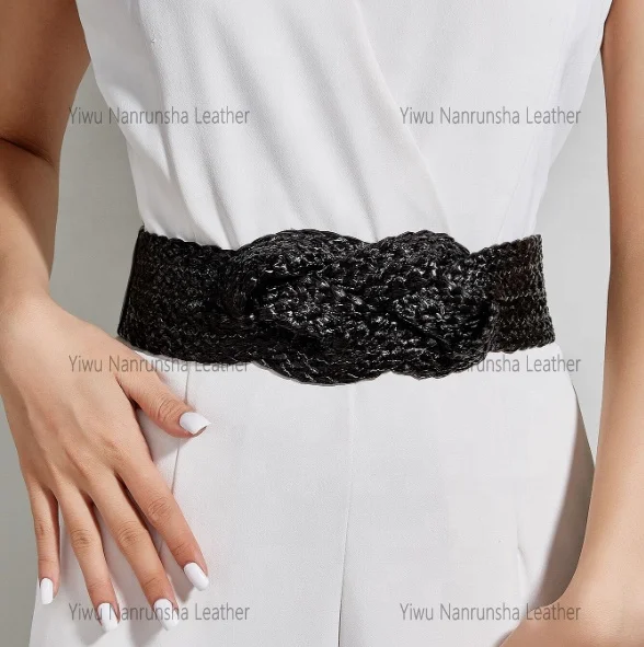 Custom Hot Sale Wide Boho Belt Dresses New Fashion PP Straw belts Rope Braiding Women Vintage Stretch Belt For Lady
