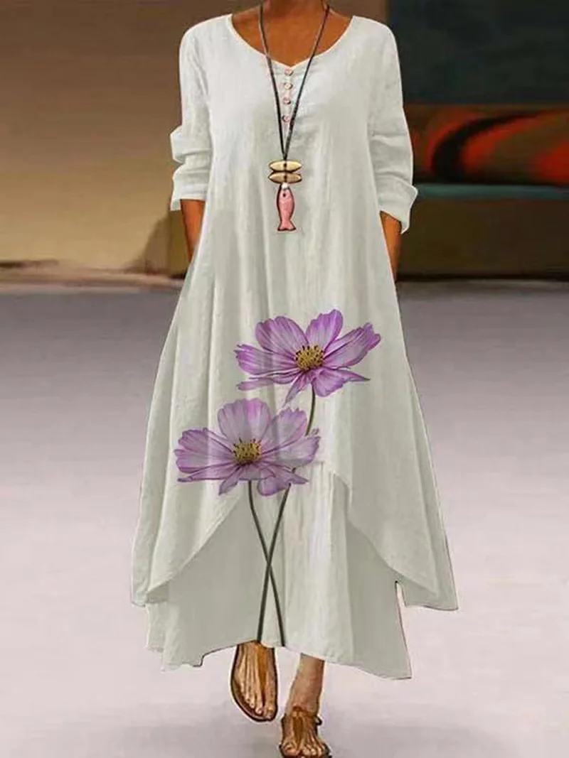 Wholesale Women Printing Colour Long Sleeve O Neck Casual Elegant Irregular Plus Size Maxi Dress Ladies