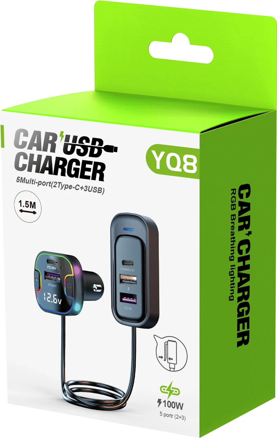 66W Dual Type C 6 Ports Super Fast Car Charger Adapter Qc3.0 Type C Car Charger For iPhone Rear Seat Fast Charge Charging