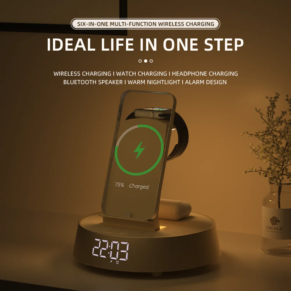 Wireless charging stand bluetooth audio small speaker desktop night light FM radio clock alarm clock