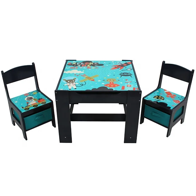 Kids Table and Chair Set Double Side Tabletop with Storage Box Wooden Children Activity Desk