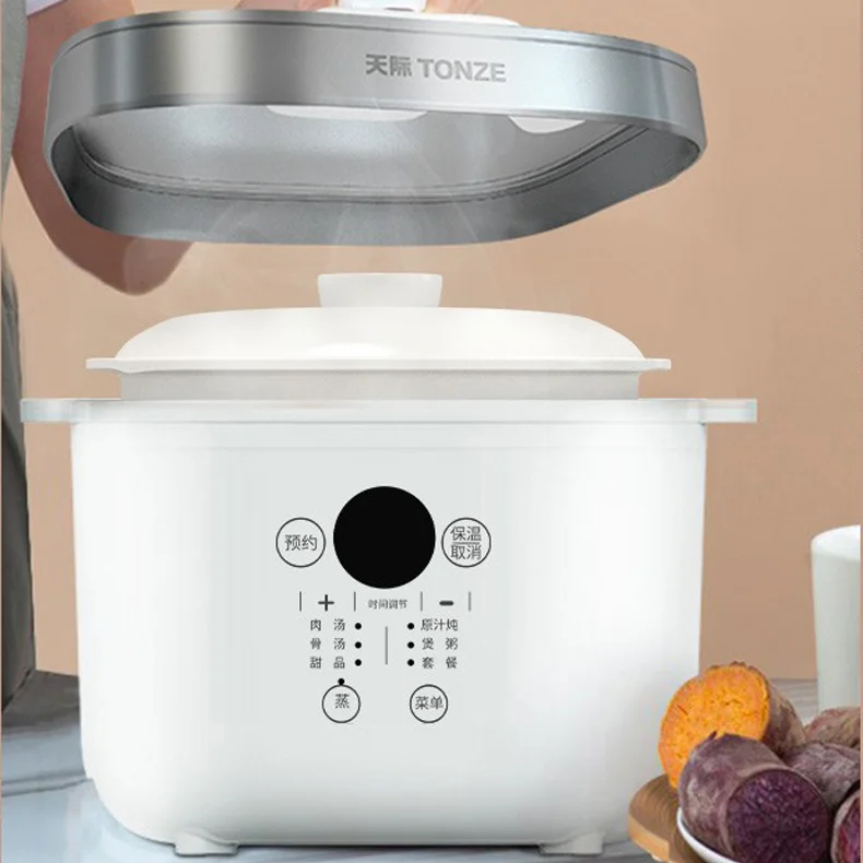 4L Micro Computer Double Boiler Cooking Stainless Steel Top Cover Ceramic Crockpot Slow Cooker