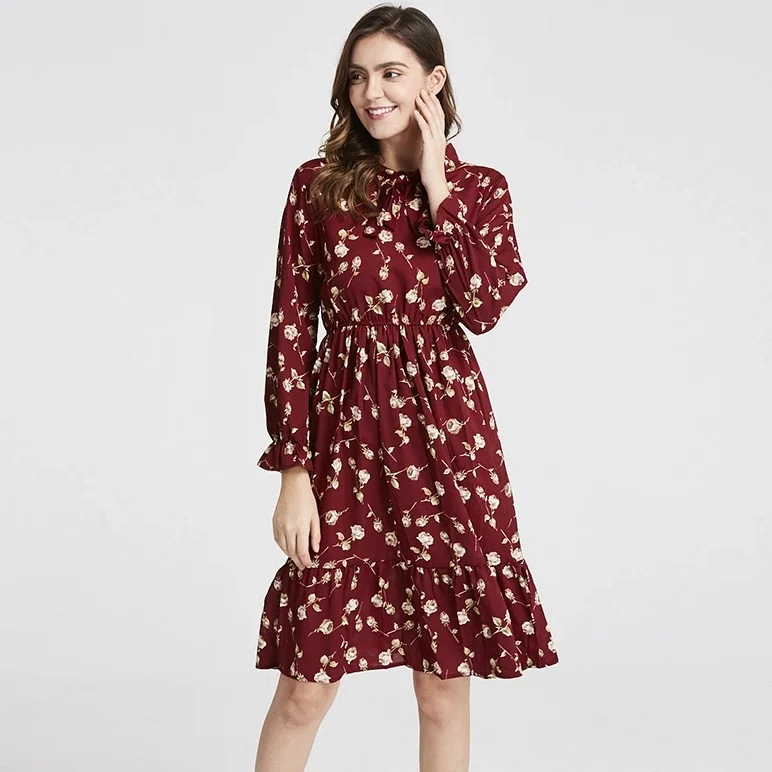 Chiffon High Elastic Waist Spring Summer Dress Bow A-line Women Full Sleeve Flower Print Floral Bohemian Dresses Slim Feminino