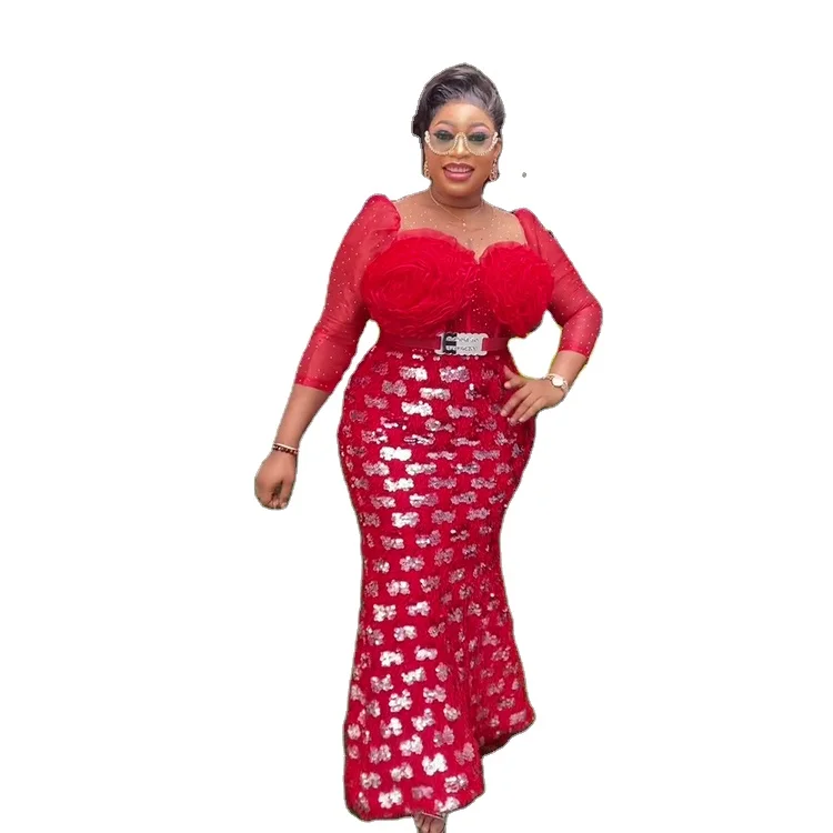 Ladies Off-shoulder Organza Sequined Tube Top Elegant Large Size African Women Feathered Long Sleeve Evening Party Dress