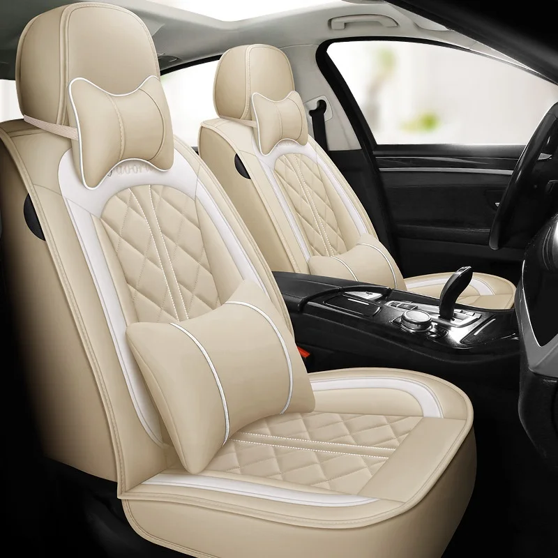 Beige Pink Women Car Interior Accessories Car Seat Cushion Full Set Luxury Leather Car Seat Covers