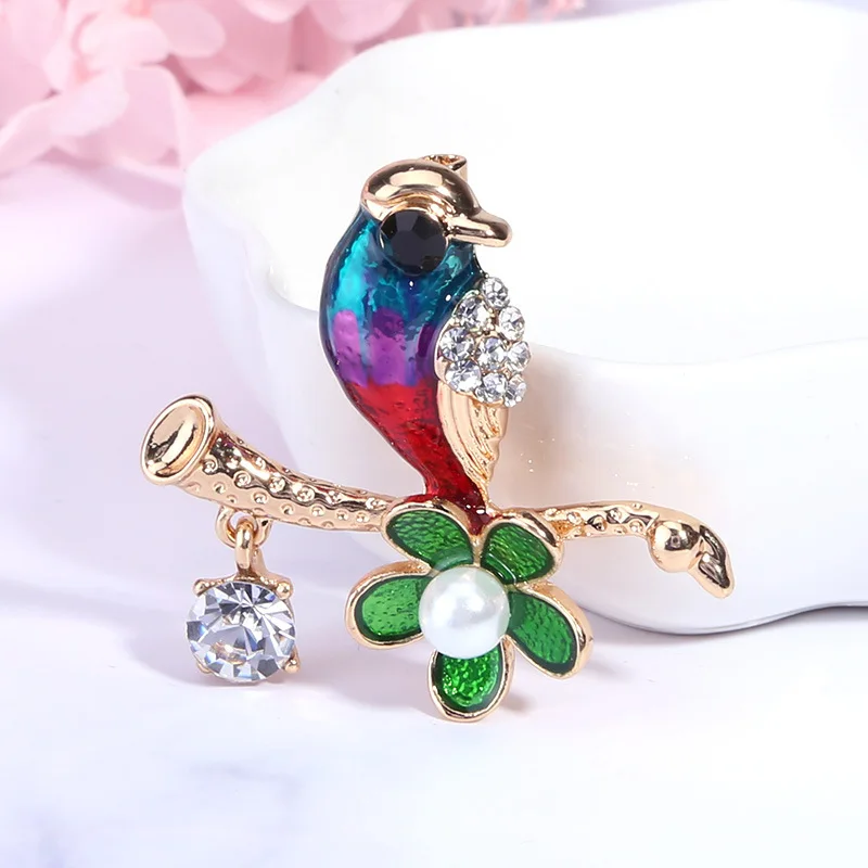 KC Gold Plated Brooch Breastpin Shawl Scarf Lapel Pins Pearl Crystal Hand Painting Green Flower Bird Tree Branch Brooch