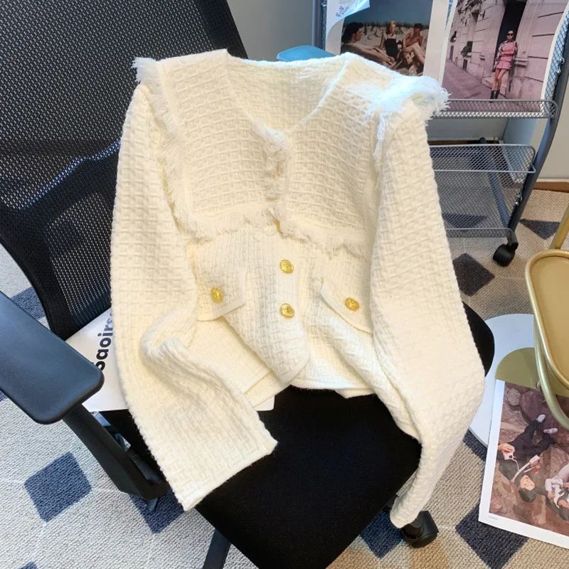 2023 Новое поступление элегантный кардиган с отложным воротником приподнятый Классический Стиль однобортный свитер пальто