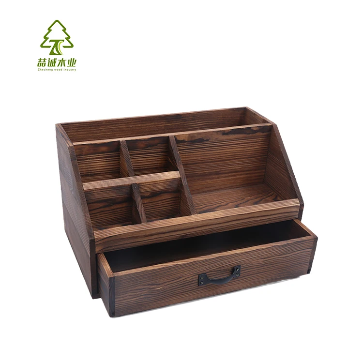 Rustic 6 Compartment Wooden Office Desk Organizer with1 Drawer and Tabletop Desktop Mail Rack Folders Pencils Holder