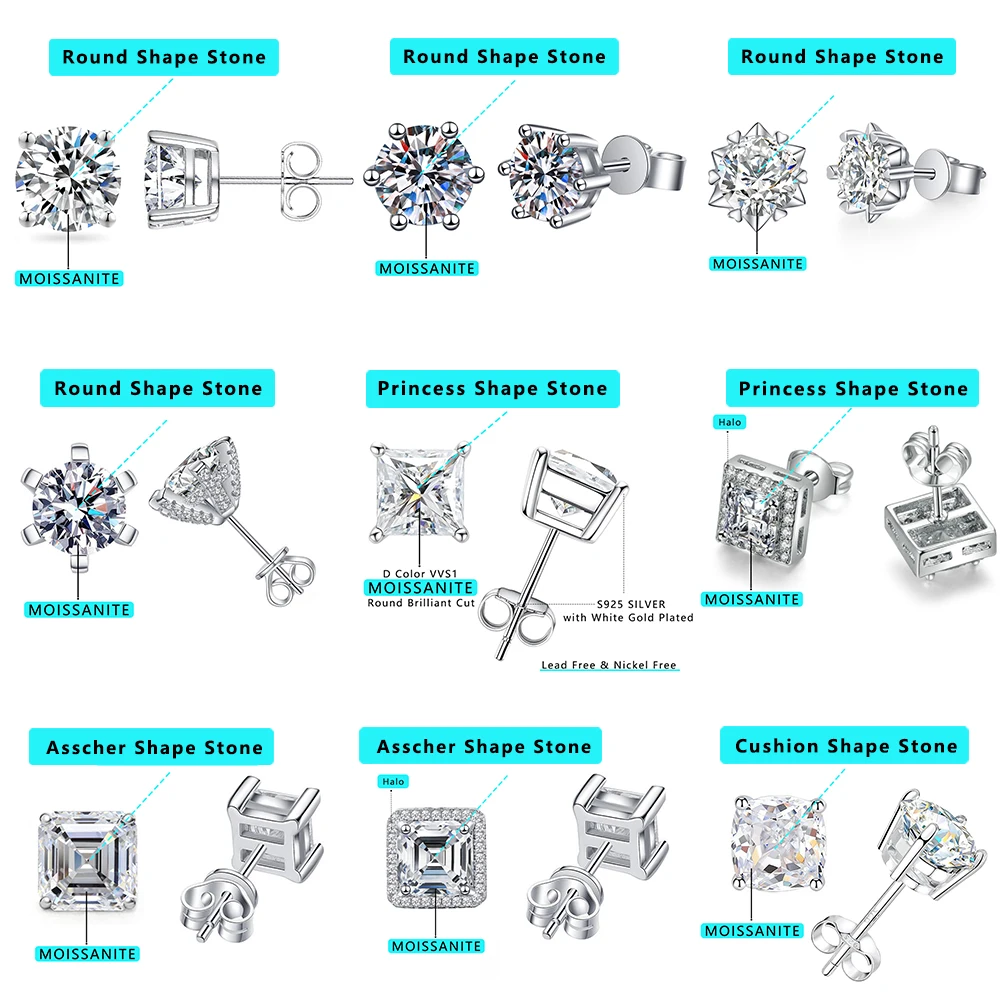 Unique Designs 925 Sterling Silver Stud Earrings White Gold Plated VVS1 Mossianite Earrings Stud with GRA Certificate