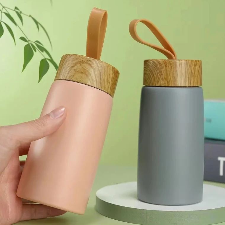 FX Factory stainless steel Mini student water bottle with custom logo Portable wood grain thermos cup with wood lid