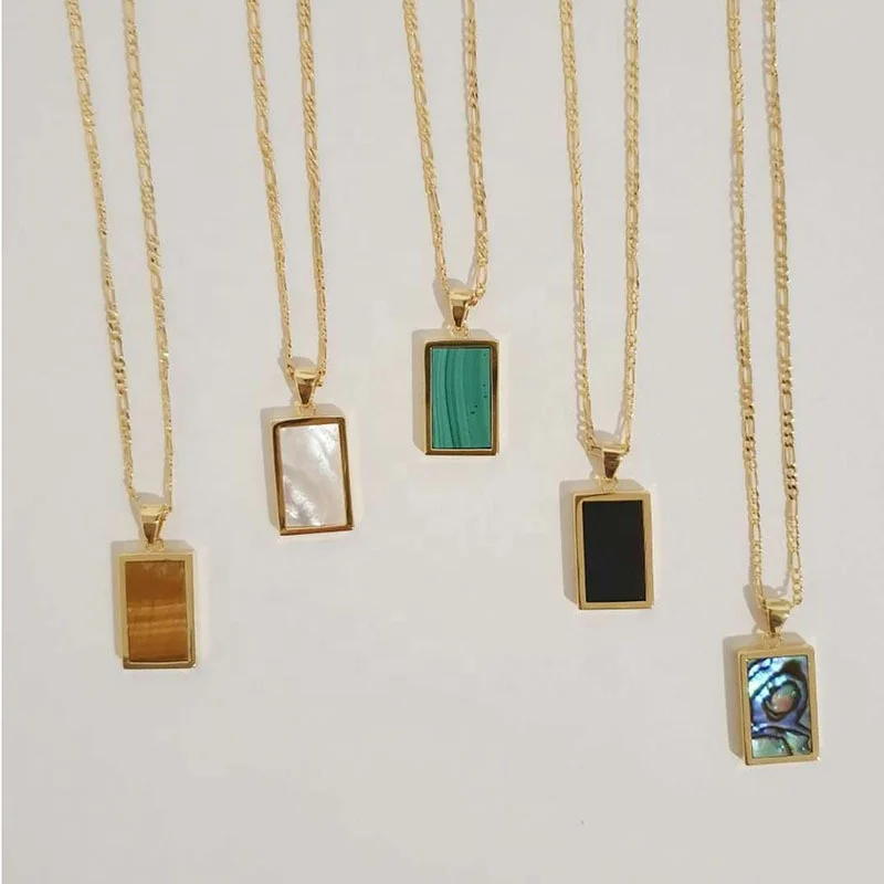 Wholesale Custom 18K Gold Plated Stainless Steel Square Rectangle Malachite Onyx Turquoise Pendant Necklaces