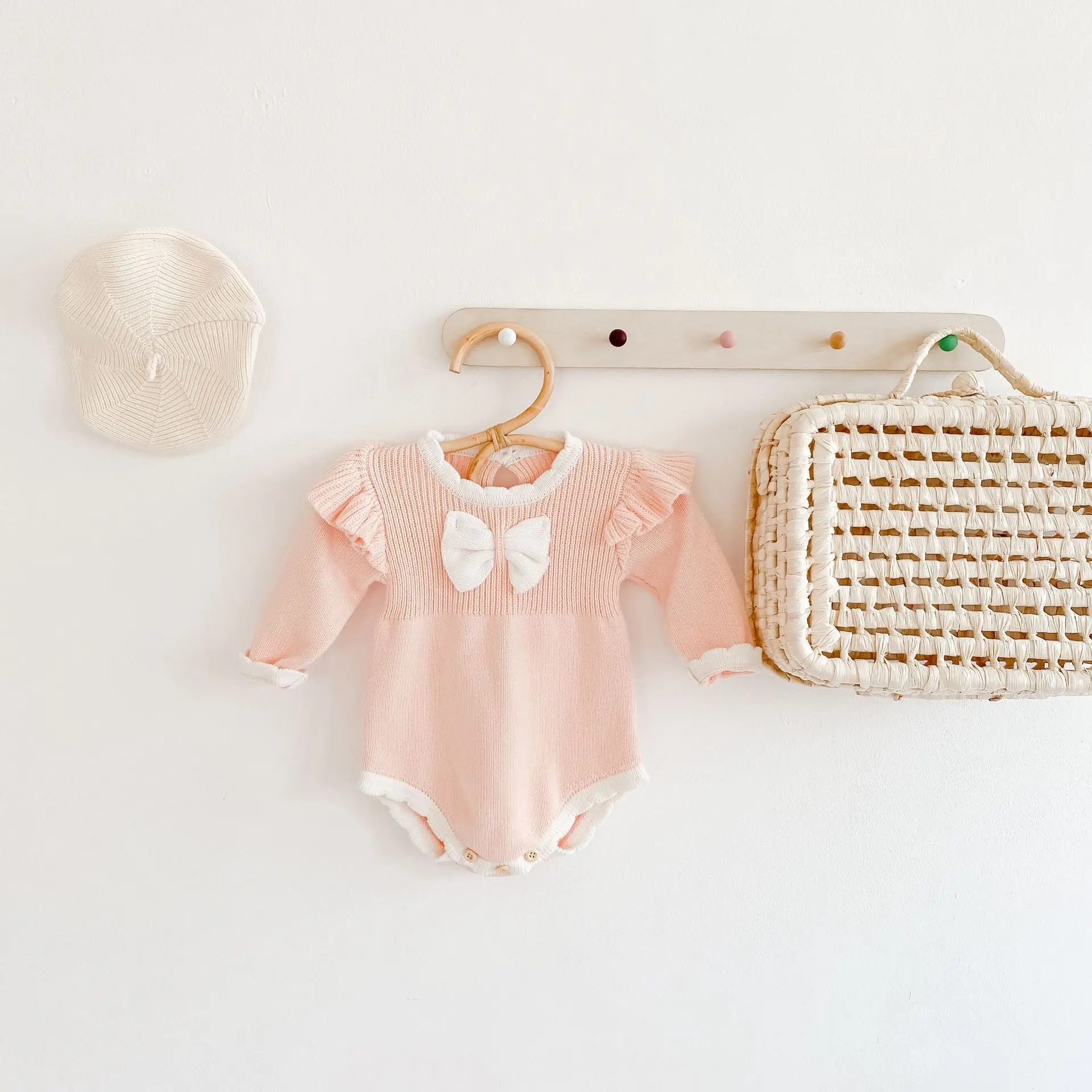 
Autumn And Winter Pastel Color Baby Rompers Bow-Knot Long-Sleeved Sweater Jumpsuit 