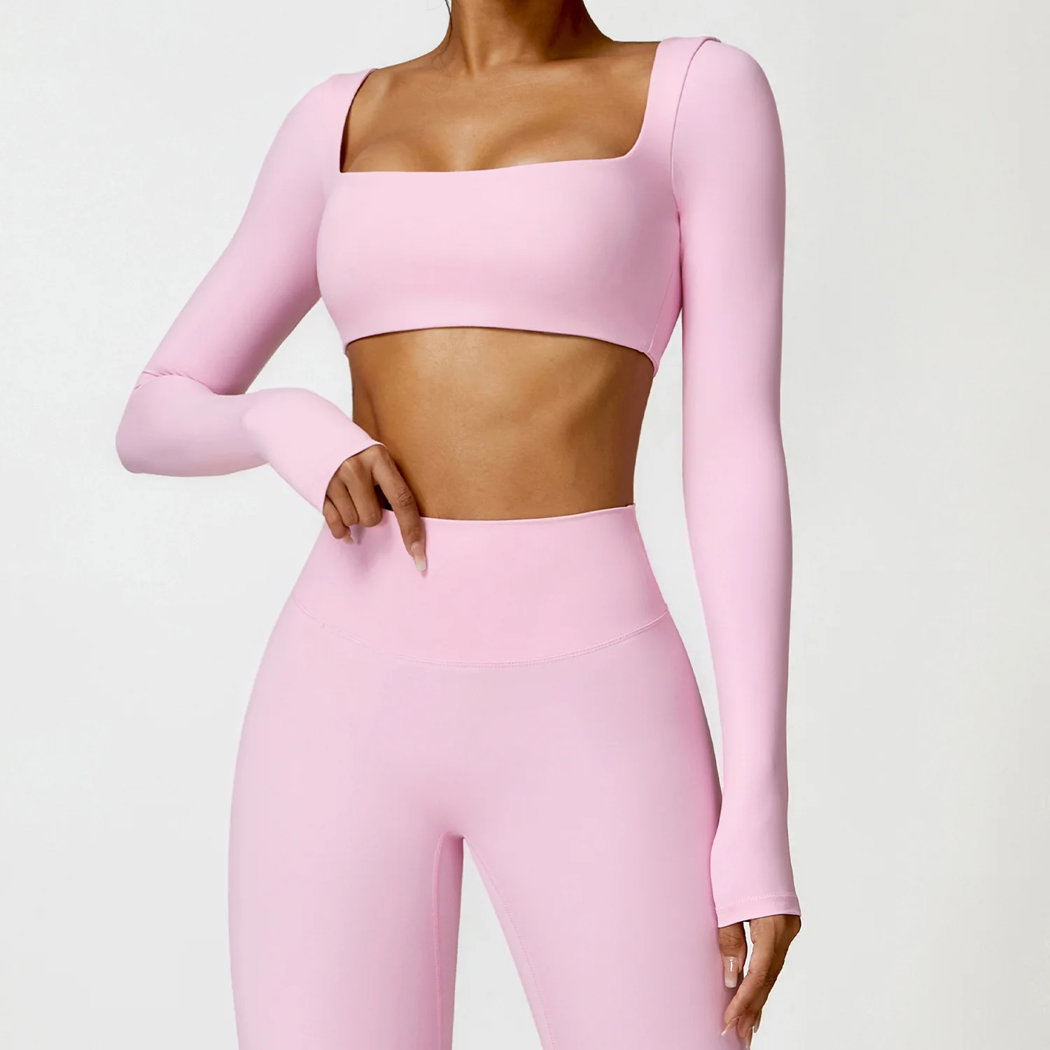 Hot Selling Women Lightweight Square Neck Running Outfits High Stretch Long Sleeve T Shirt Gym Yoga Crop Tops