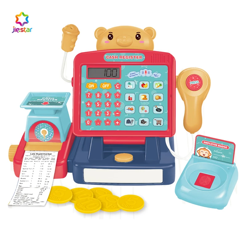 JIESTAR supermarket cashier toy with microphone, scanner,calculator, grocery food, money pretend play cash register play set