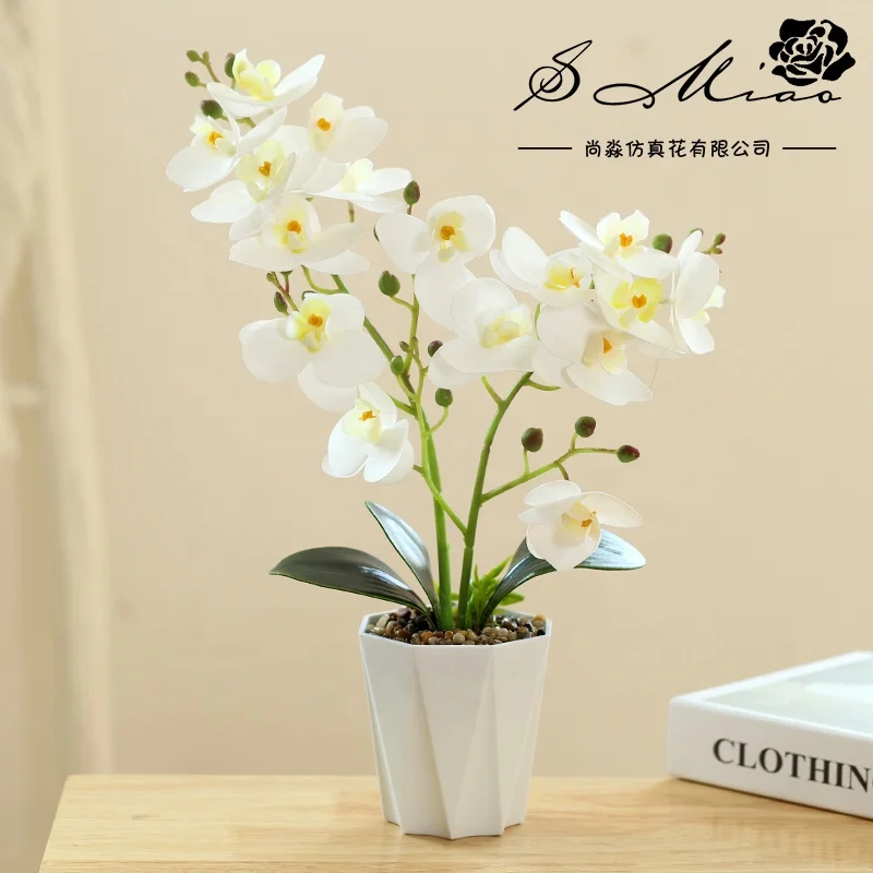 Wholesale artificial orchids and white plastic pot bonsai office decoration