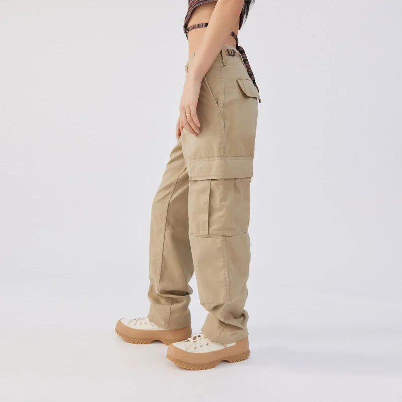 new customized spring high quality vintage solid color casual utility pockets cotton stacked women cargo pants