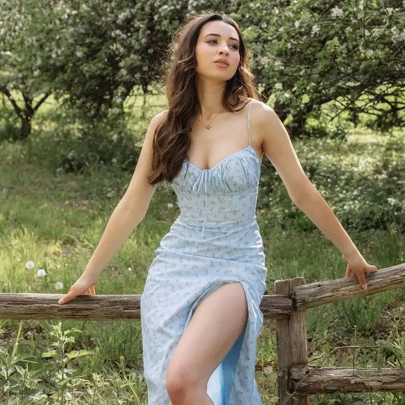 Custom logo label design Floral print casual sundress ladies sundresses women summer 2022 split midi Spaghetti Strap sundress