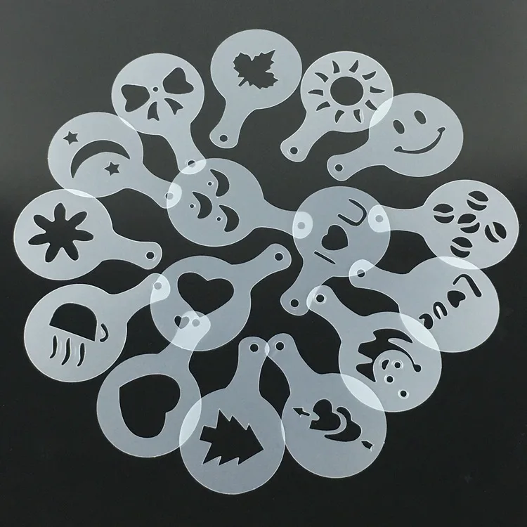 16 pcs Set Custom Fashion Cappuccino Coffee Barista Plastic Stencils Template Strew Flowers Pad Duster Spray