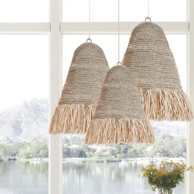 JYLIGHTING Modern wabi-Sabi Bohemian Macrame Bamboo Copper Pendant Light with Rattan Lampshade Woven Wicker Lamp for bedroom