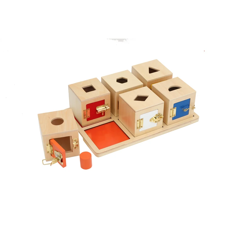The educational wooden toys Montessori for kids of lock box and insets tray