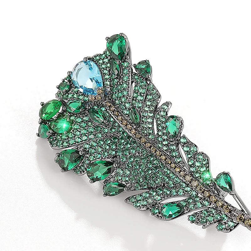 Clearance Sale Luxury Vintage Gun Black Plated Copper Jewelry Leaves Brooch Zircon Feather Brooches