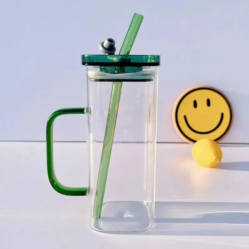 Square glass bottle with handle household high-value straw glass bottle female heat-resistant flat-bottomed heatable bottle