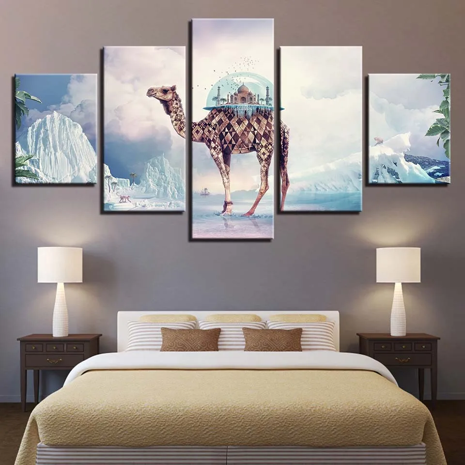 Modern Fashion Home Decoration Animal Oil Painting 5 panel Canvas Art Deer Giraffe Wall Poster For Living Room