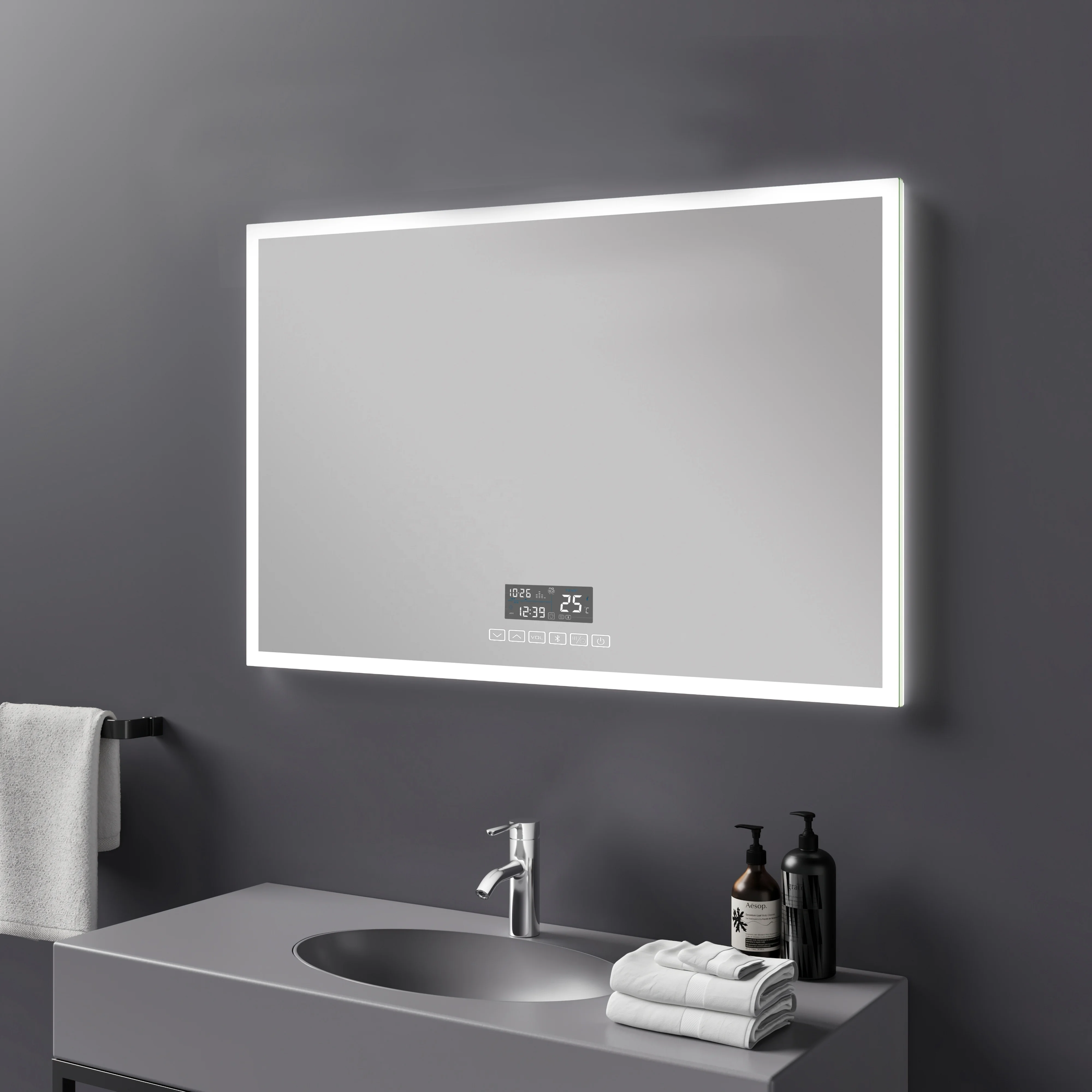 High Quality Anti Fog Touch Screen led mirror with bluetooth illuminated LED mirror with time temperature Blue tooth speaker