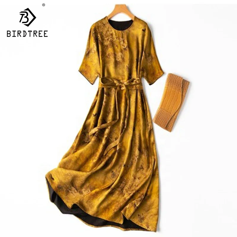 Wholesale 45 Mm Heavy 100% Natural Silk Dresses Women Fragrant Cloud Yarn 2 Side Wear Loose Short Sleeve Dress Summer D35730C