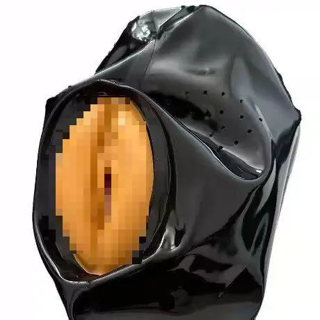 Latex Mask Halloween Party Role Play Full Face Head Hood BDSM Fetish Black Latex Hood Mask with Vaginal Hole Men Cup