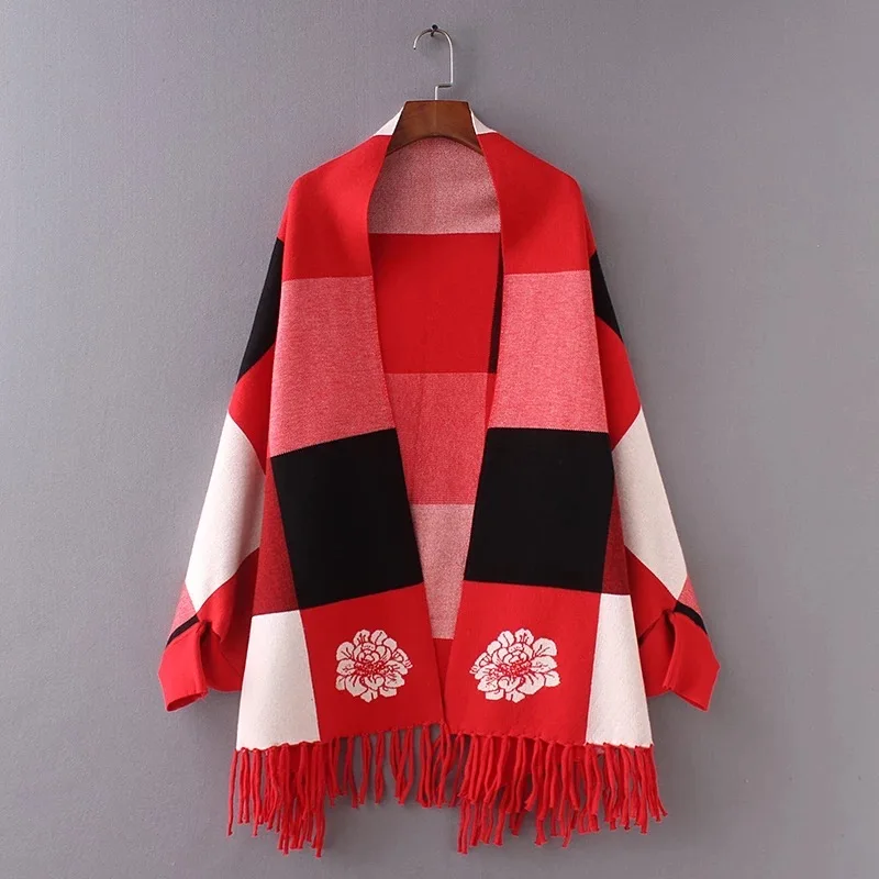 2022 New Keep Warm Check Jacquard Shawl With Sleeves Plaid Shawl Scarf