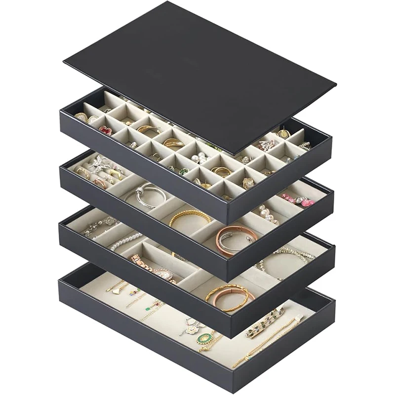 Jewelry Organizer Tray with Lid PU Leather Jewellery Storage Display case Extra Large Set of 4 Stackable Jewelry Organizer