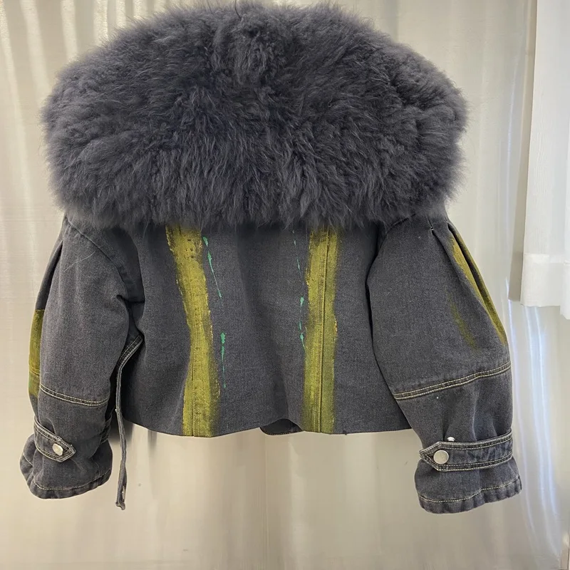 Europe Station 2022 Winter New Lamb Hair Real Wool Collar Young Motorcycle Denim Splice Age Reducing Fur Coat
