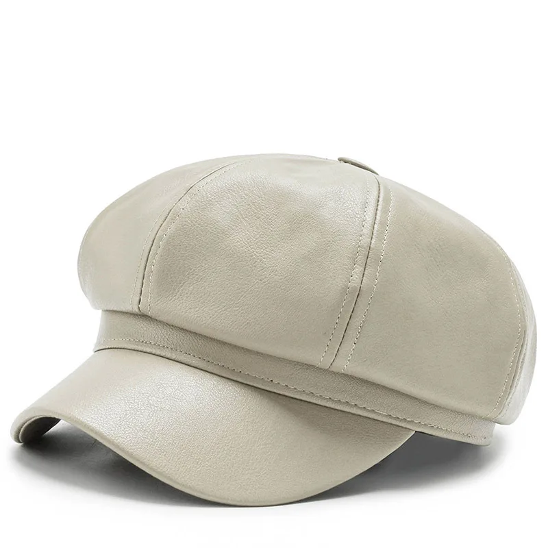 Fashion Trend Light Plate Leather Octagonal Hat Ladies British Style Retro Casual Solid Color Autumn And Winter Pu Newsboy Cap