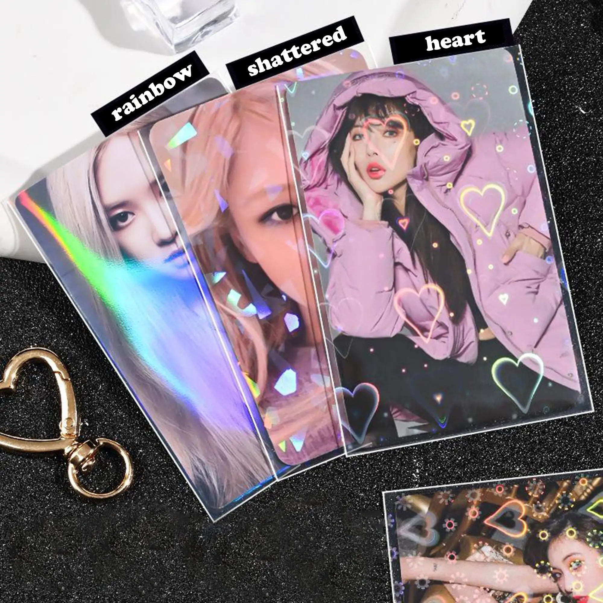 Custom Size 3x4  Transparent clear Laser Flash Hologram Holographic Thin Penny Gift Heart Kpop photocard Card Sleeves