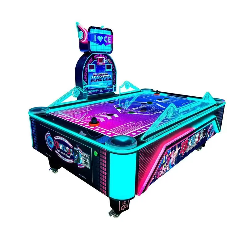 Two people play coin-operated table hockey inside the German electronic hockey machine