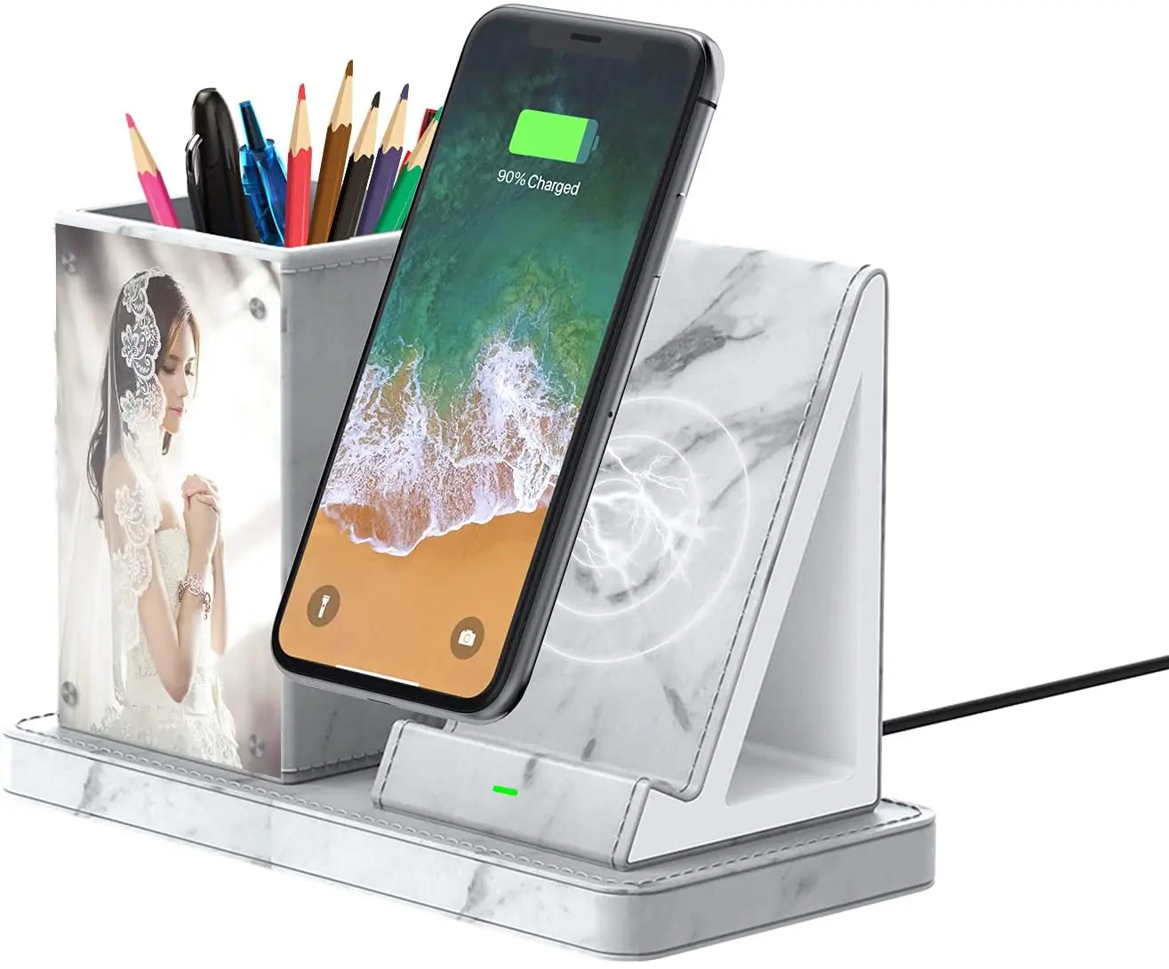 Marble PU Leather Desk Organizer Wireless Charger with Magnetic Photo Frame Pen Holder 15W