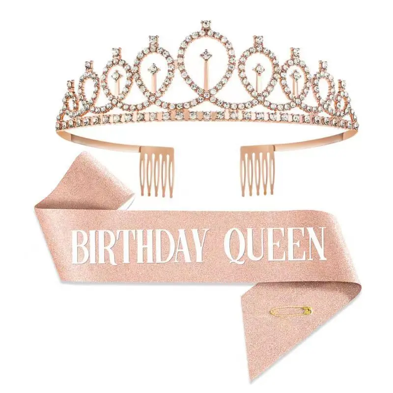 Wholesale Hot Sale Birthday Crown Decorations Birthday Queen Sash Rhinestone Hair Accessories Headband Crowns