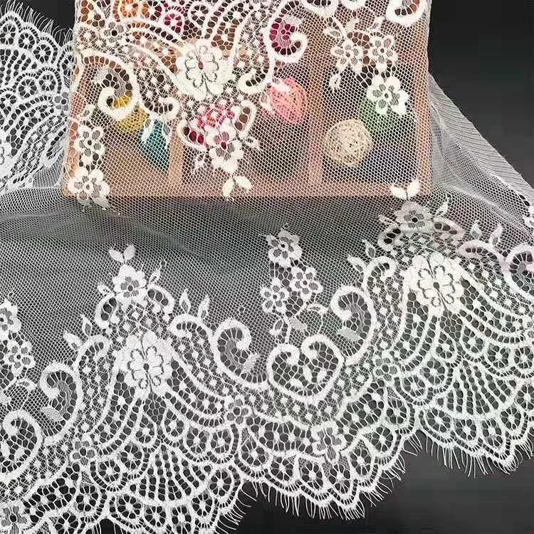 China wholesale eyelash lace 38Cm double scalloped eyelash lace trim chantilly lace trim for wedding dress