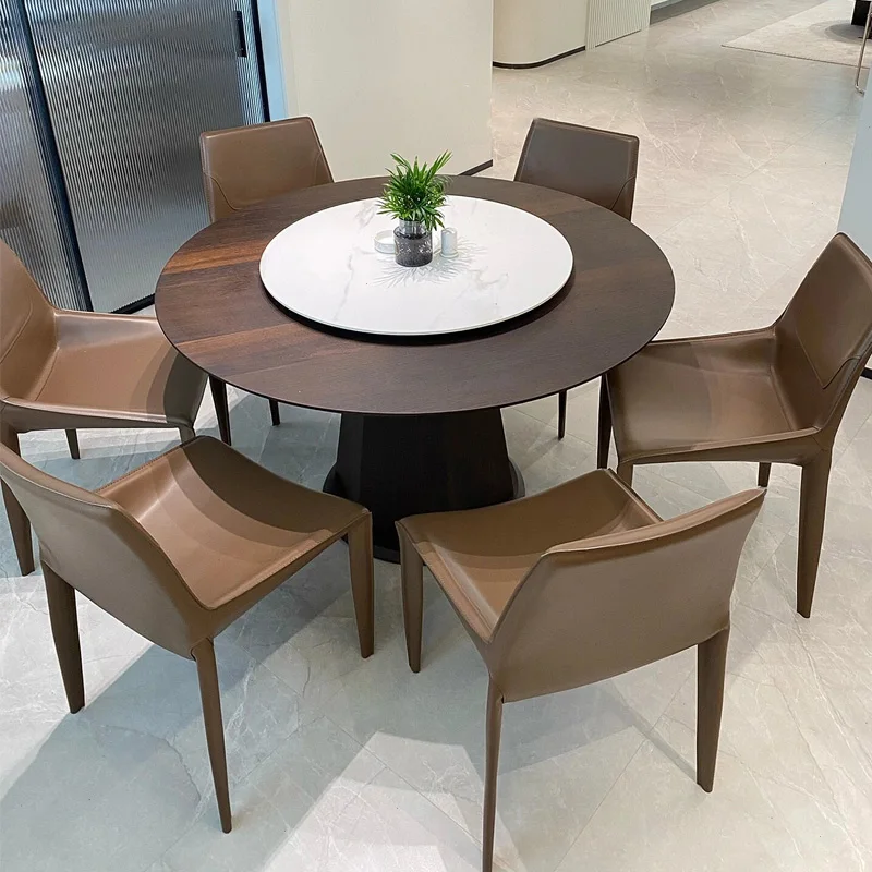 Home Furniture Nordic Solid Wood Frame Round Creative Luxury Dining Table With Turntable Slate Tabletop