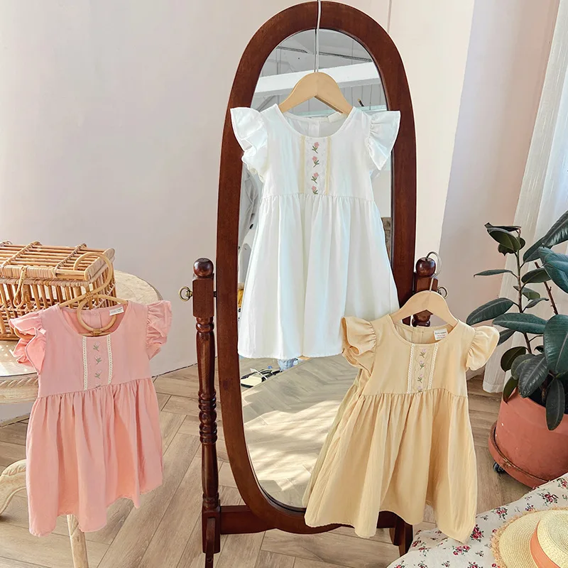 New Summer Korean Cute Toddler Girls Ruffle Sweet Floral Embroidered Dresses Fort Children Kids Sleeveless Cotton Princess Dress