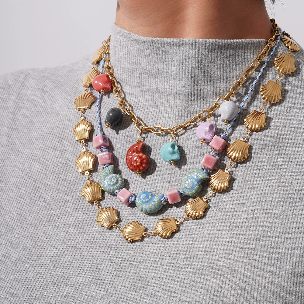 Funky Jewelry Handmade Stainless Steel Conch Coloured Glaze Shell Skull Charms Bohemian Necklace Jewelry