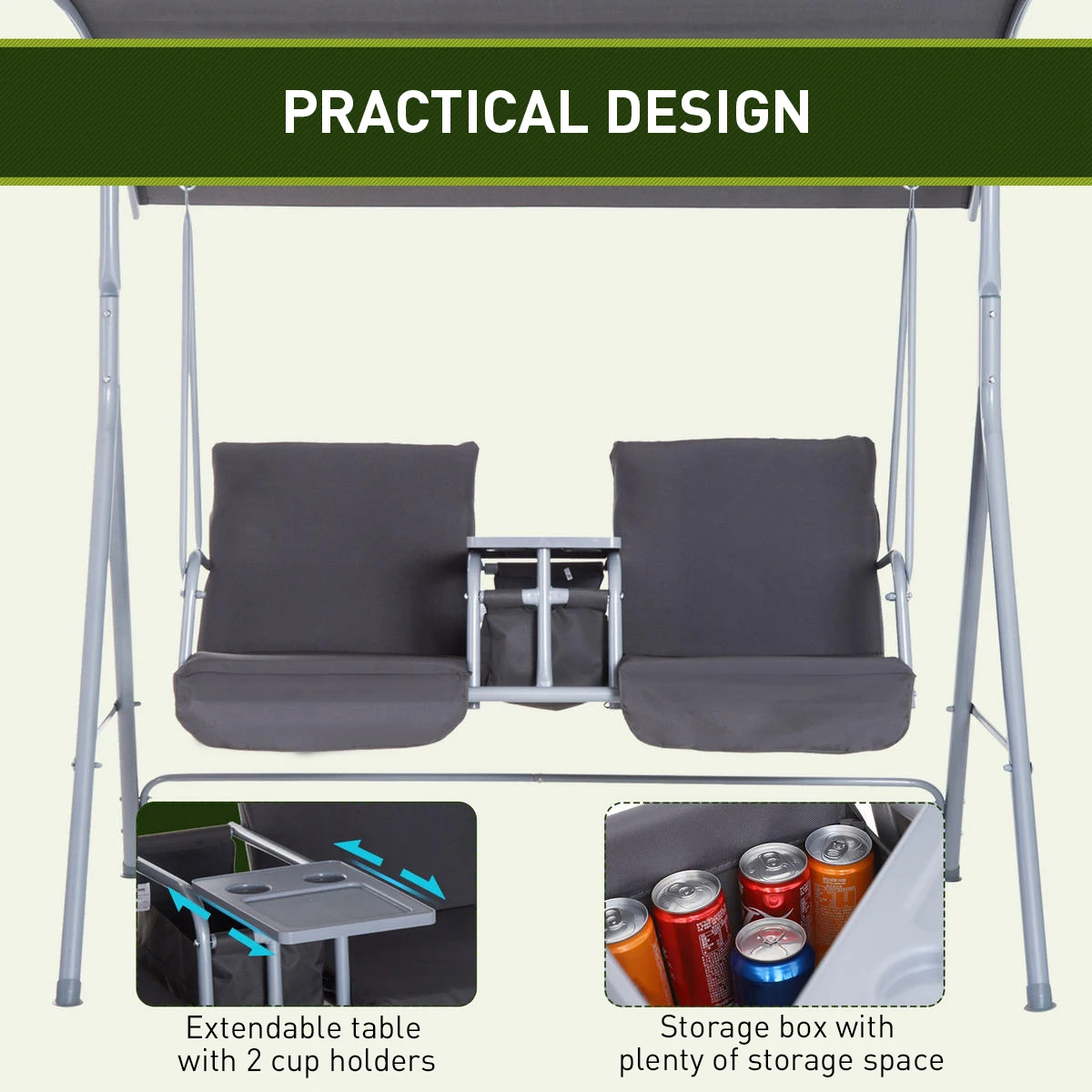 AJUNION Double Seat Garden Furniture Swing Rocking Chair Metal Stand Patio Swings with Adjustable Canopy